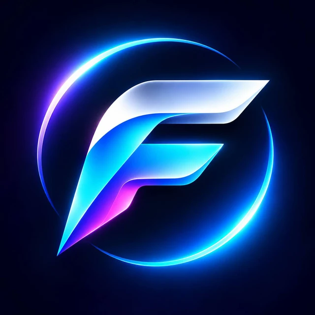 The illuminated cyan and violet FomoLabs F emblem